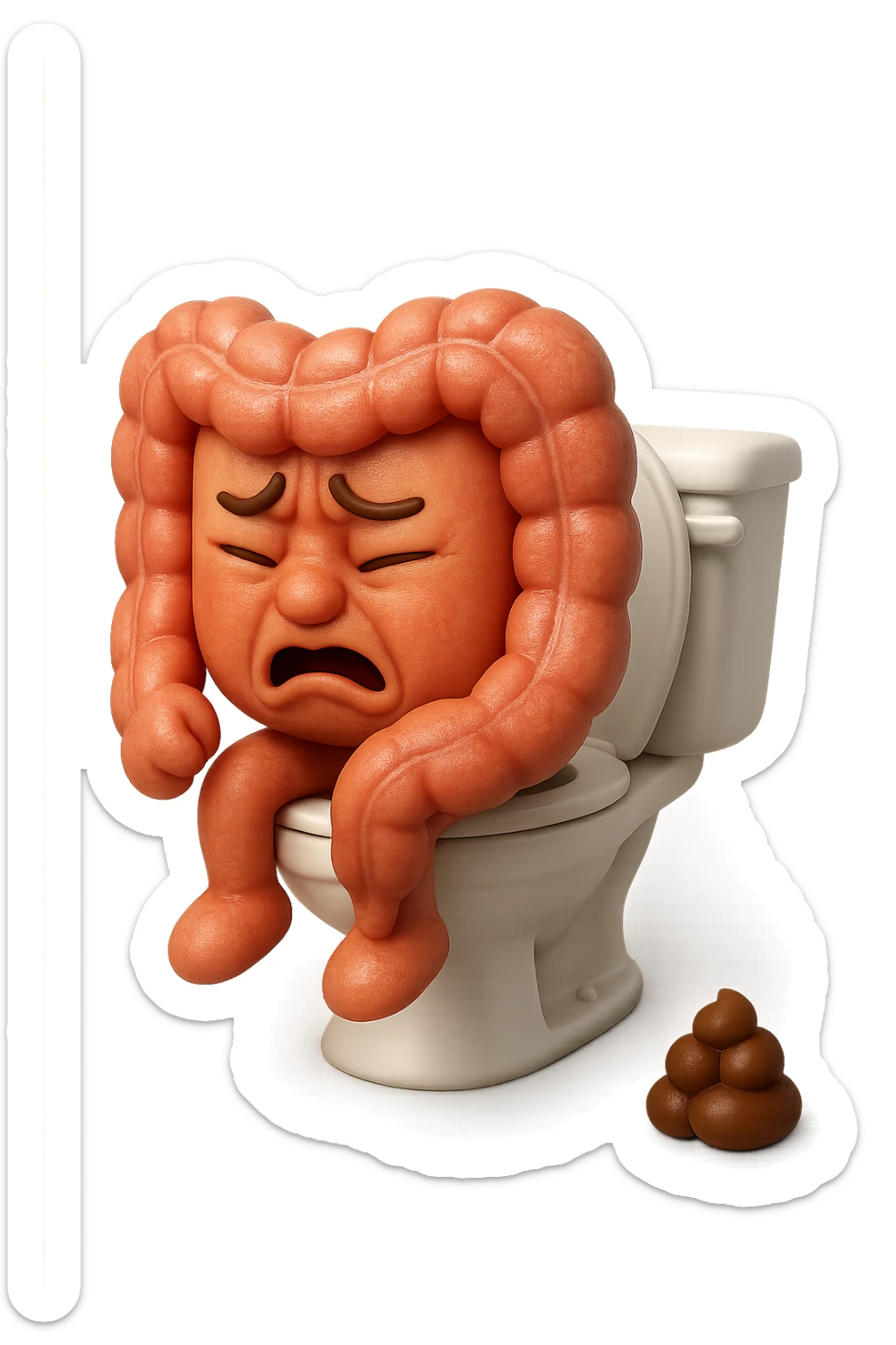 SU QUESTO STILE FAI UN EMOJI STILE IPHONE 3D DI UN INTESTINO CHE sta seduto sul wc e davanti ha una montagnetta di feci a palline stile emoji iphone, FAGLI UN ESPRESSIONE di dolore mentre si sforza E FALLO MOLTO REALISTICO IN 3D sticker