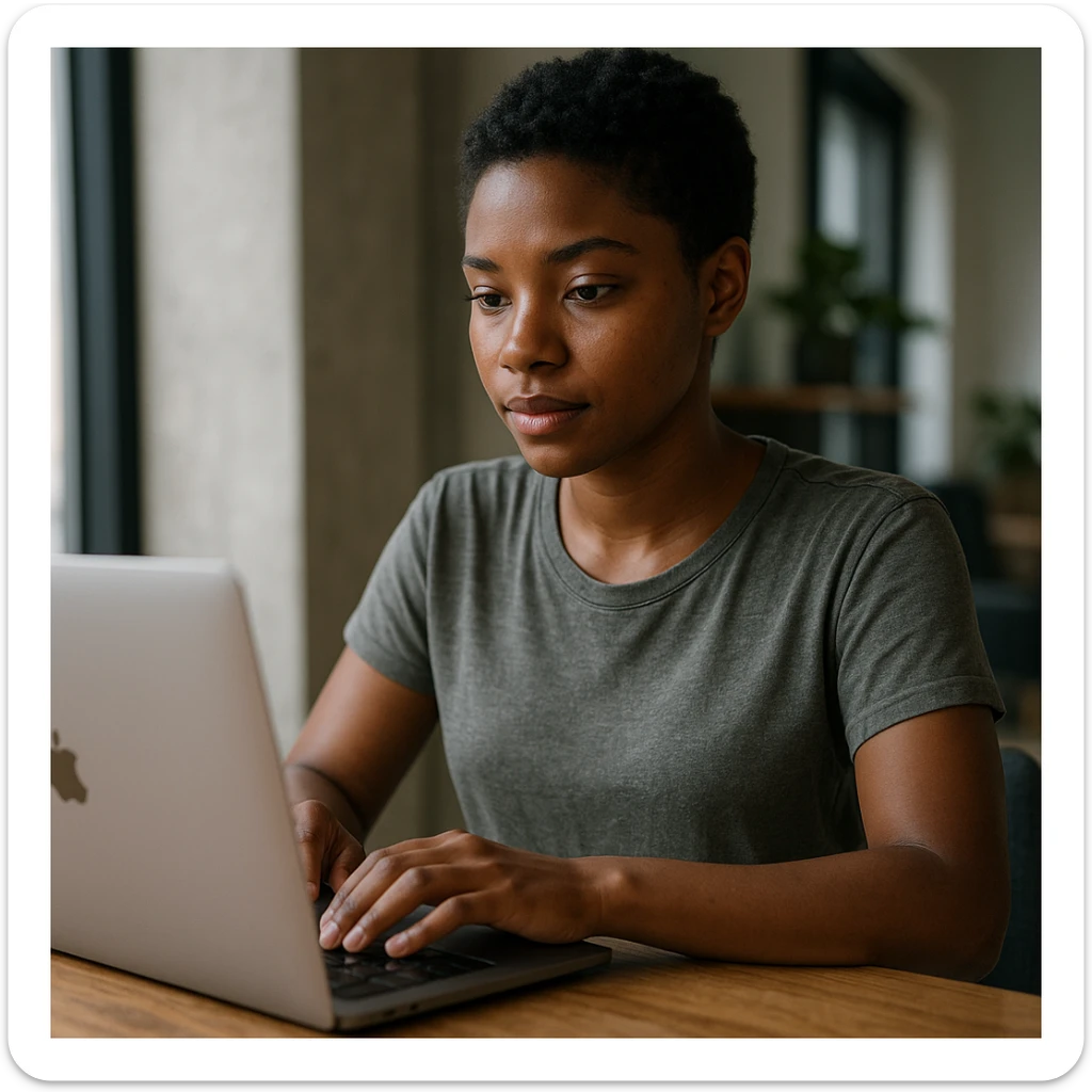 A girl with a dark complexion and short dark hair, wearing casual clothes, working on a laptop, realistic style, natural lighting, detailed, in a modern setting sticker