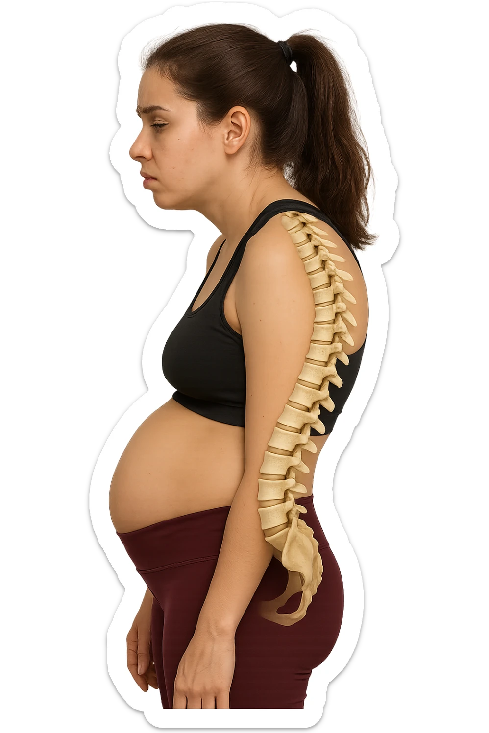 DONNA GIOVANE FITNESS DI PROFILO CON LA POSTURA SBAGLIATA, SPINA DORSALE UMANA ANATOMICA REALISTICA IN EVIDENZA, LA PANCIA IN FUORI E LE SPALLE CHIUSE sticker