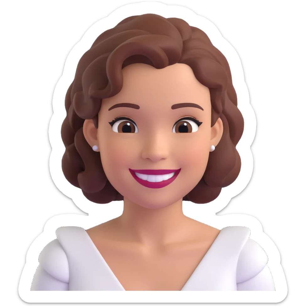 emoji style portrait of a woman matching her facial features, hairstyle, and skin tone, wearing a white dress, smiling sticker