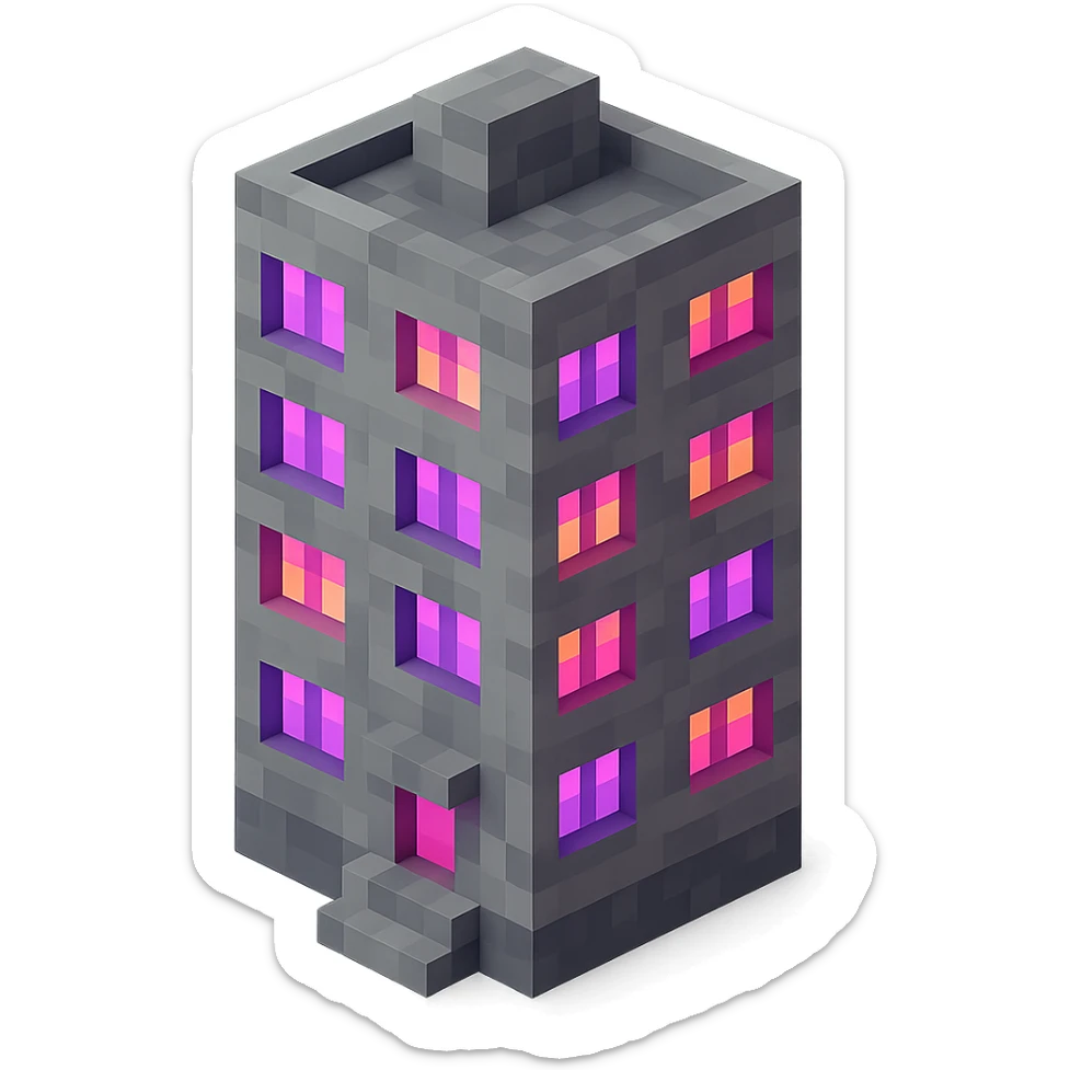 voxel style Russian panel apartment building with fewer blocks, gray concrete, windows glowing with ultraviolet (UV) color, isometric view sticker