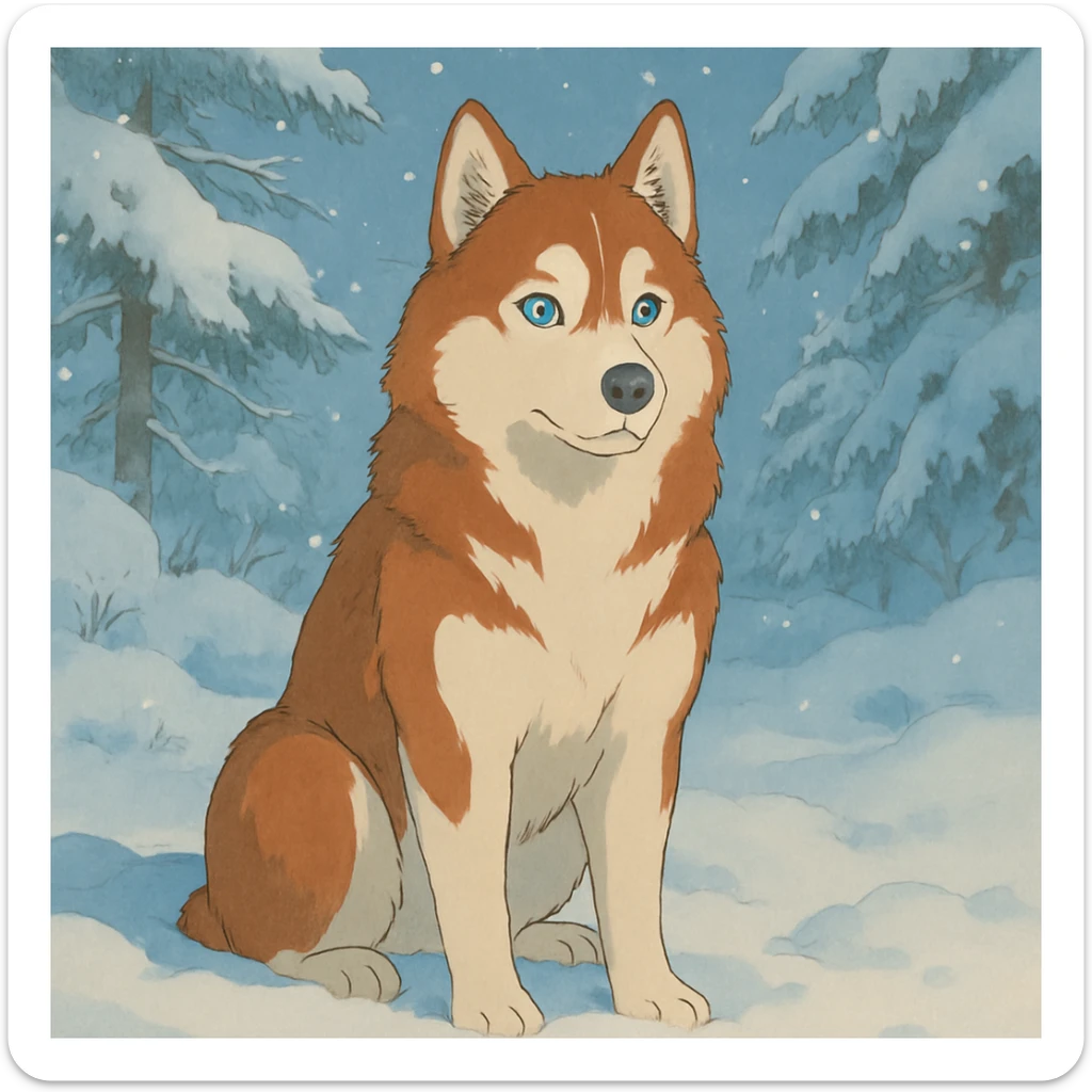 red siberian husky with blue eyes sitting in the snow sticker