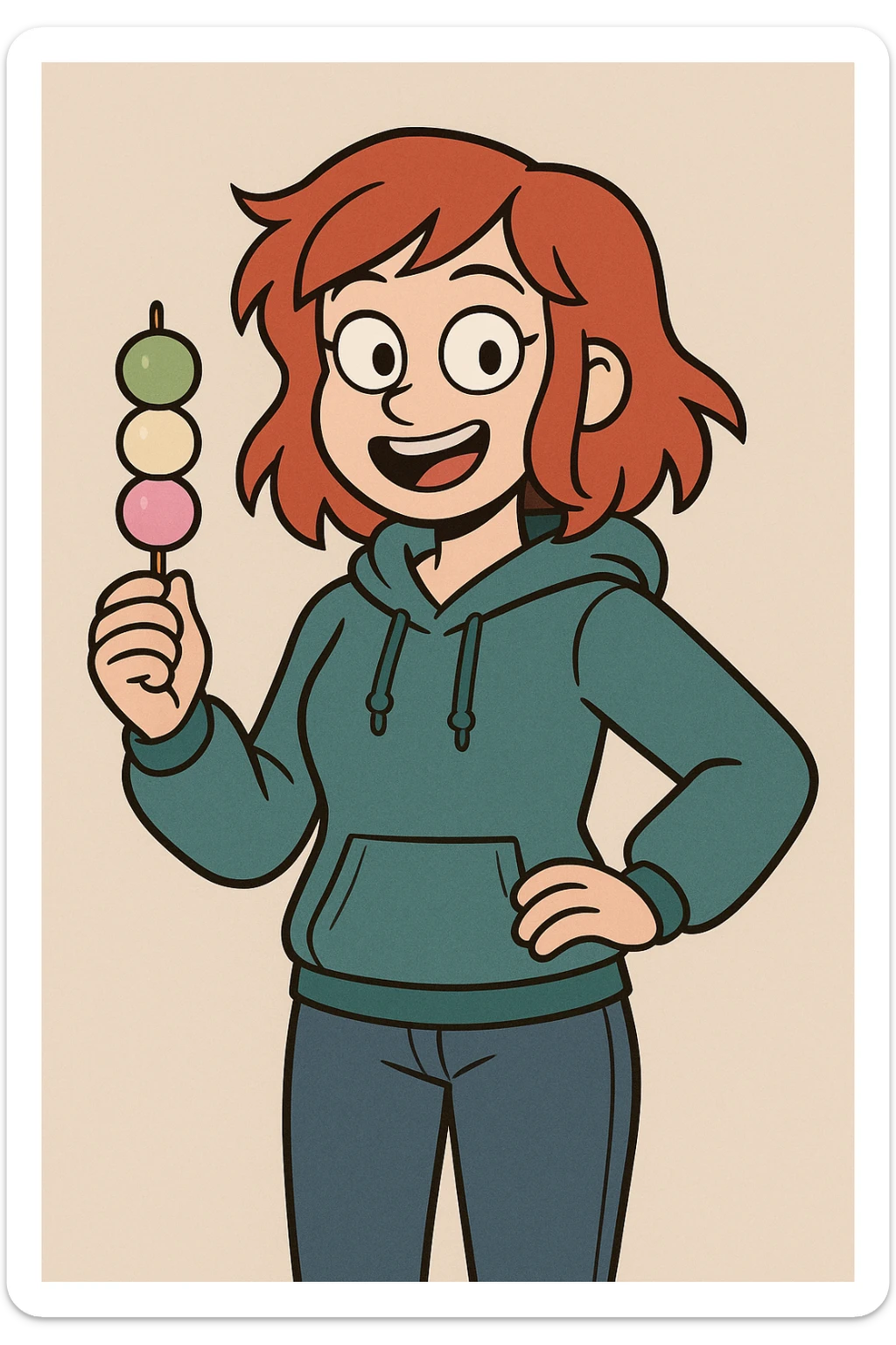 A girl red hair teal women's hoodie blue jeans Dango holding  sticker