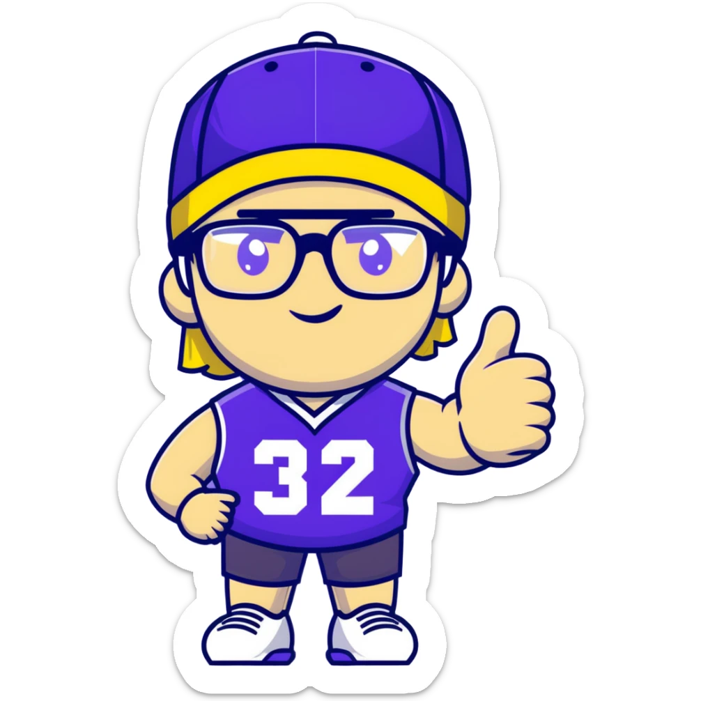Man with black and white cap, purple sports jersey with number 32, clear glasses, light blond mullet hairstyle, thumbs up gesture, relaxed expression sticker