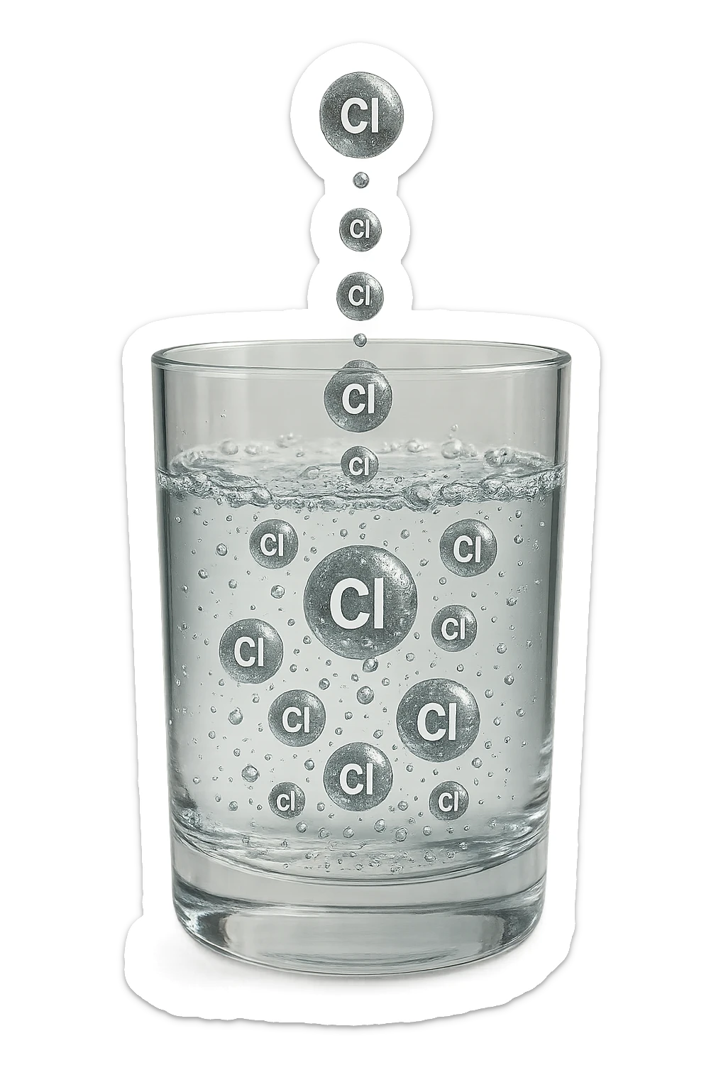 un bicchiere di acqua realistico e dettagliato fluttua in aria, dentro l'acqua del bicchiere ci sono particelle di cloro ben visibili con la scritta "Cl" sopra, ci sono particelle anche che escono dal bicchiere e fluttuano in aria verticalmente, mentre alcune sono all'interno dell'acqua nel bicchiere, iperrealistico 4k sticker