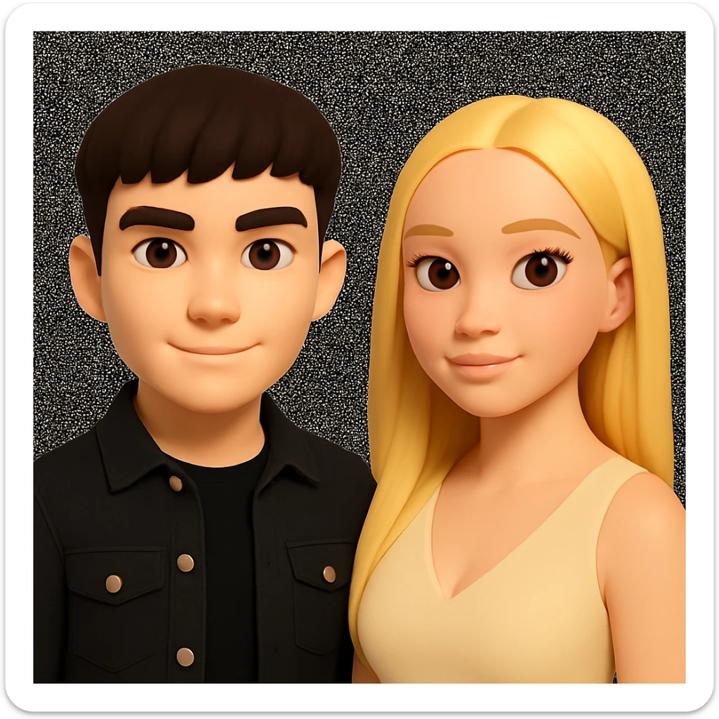 Slightly increase the volume of the upper body of the girl, separate the girl and the boy from each other, make the skin color the same for both characters, while preserving the cartoonish 3D style. sticker