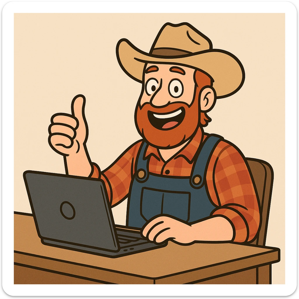a cheerful farmer at a desk with a laptop, giving a thumbs up, cartoon style sticker