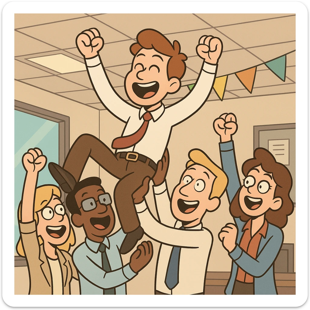cartoonish scene of a junior sales official in office clothes being lifted up by a group of cheering coworkers, all in office attire, celebrating his achievement as a great worker, joyful and colorful office celebration sticker