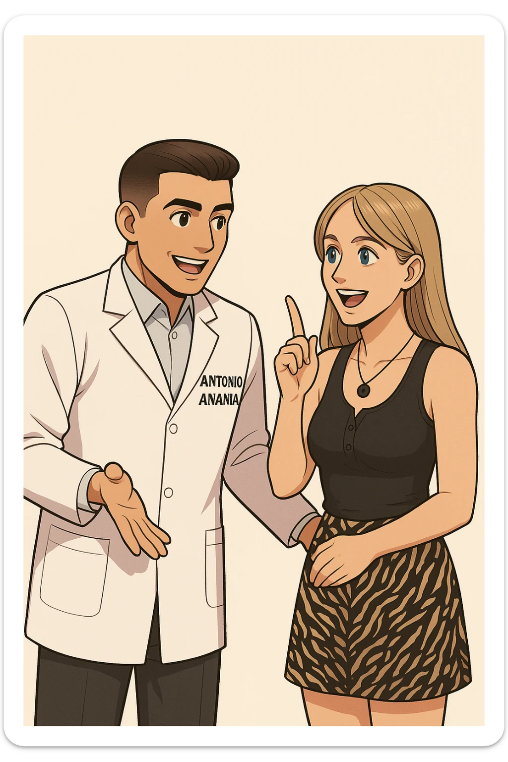 fai un webtoon/manga a colori con questo kinesiologo in camice bianco (fagli la scritta "ANTONIO ANANIA" SUL CAMICE) CHE PARLA CON QUESTA RAGAZZA CON GLI OCCHI AZZURRI. la ragazza lo guarda entusiasta con un indice alzato, IL KINESIOLOGO ha un espressione felice e la aspetta a braccia aperte. NON FARE I FUMETTI, FAI SOLO LORO COME SE DIALOGASSERO sticker