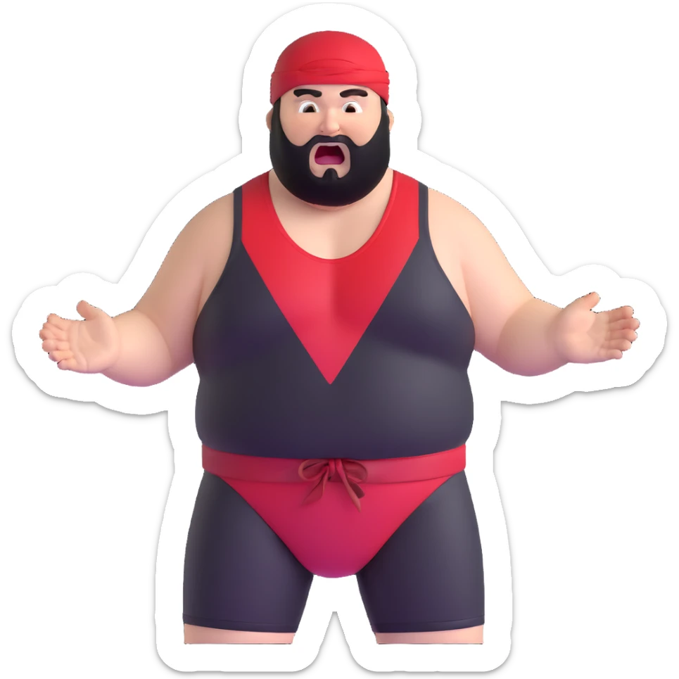 Extreme close-up of face of morbidly obese white skin guy with young face, prominent BLACK DURAG tied clearly on head, black beard but no mustache, clean shaven upper lip, black eyes in a red and black wrestling singlet with mouth wide open screaming angrily sticker