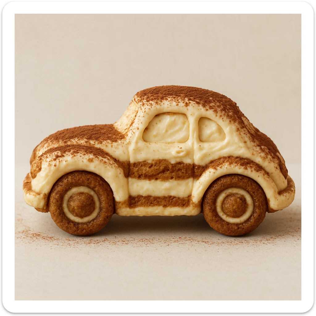 side view, adorable car made entirely of tiramisu, with a dusting of cocoa and creamy texture, dessert-inspired sticker