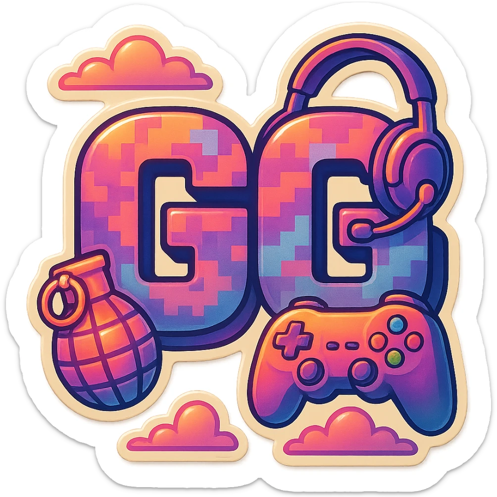 Add a video game controller to the Call of Duty GG emote, maintaining the blocky text, digital camo, and grenade accent, with no background. sticker