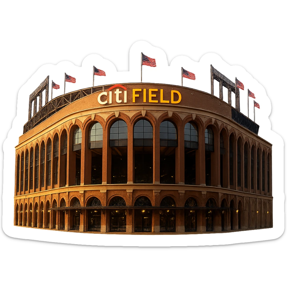 Create a cinematic, realistic emoji of the front facade of Citi Field Stadium in New York. The emoji should feature majestic, ornate architecture with lifelike detail, bright lighting, and the lights in its name sign lit. Use accurate colors and ensure the background is transparent. Reference the provided image for architectural accuracy and color. sticker