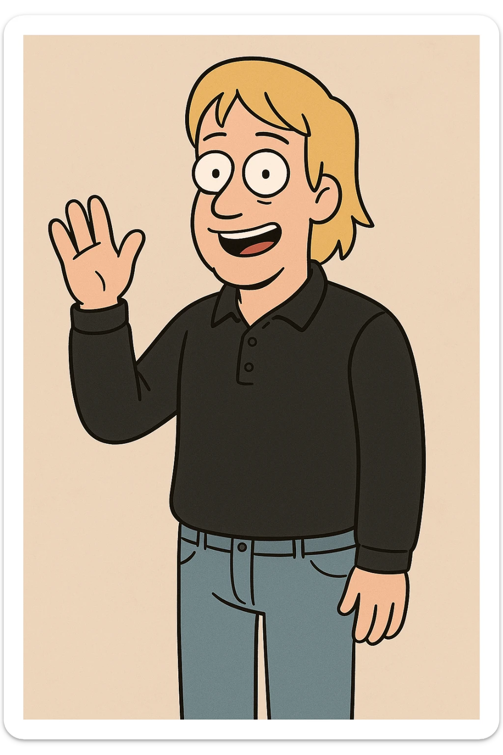 A man straight hair yellow hair Long Sleeve Pique Polo Shirt black lights blue jeans a hand say hello sticker