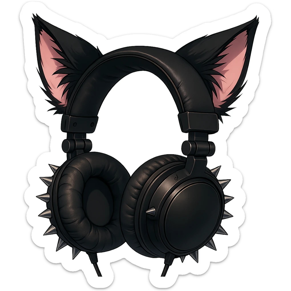 Add cat ears to the goth headphones in a realistic anime style. Keep the background transparent. sticker