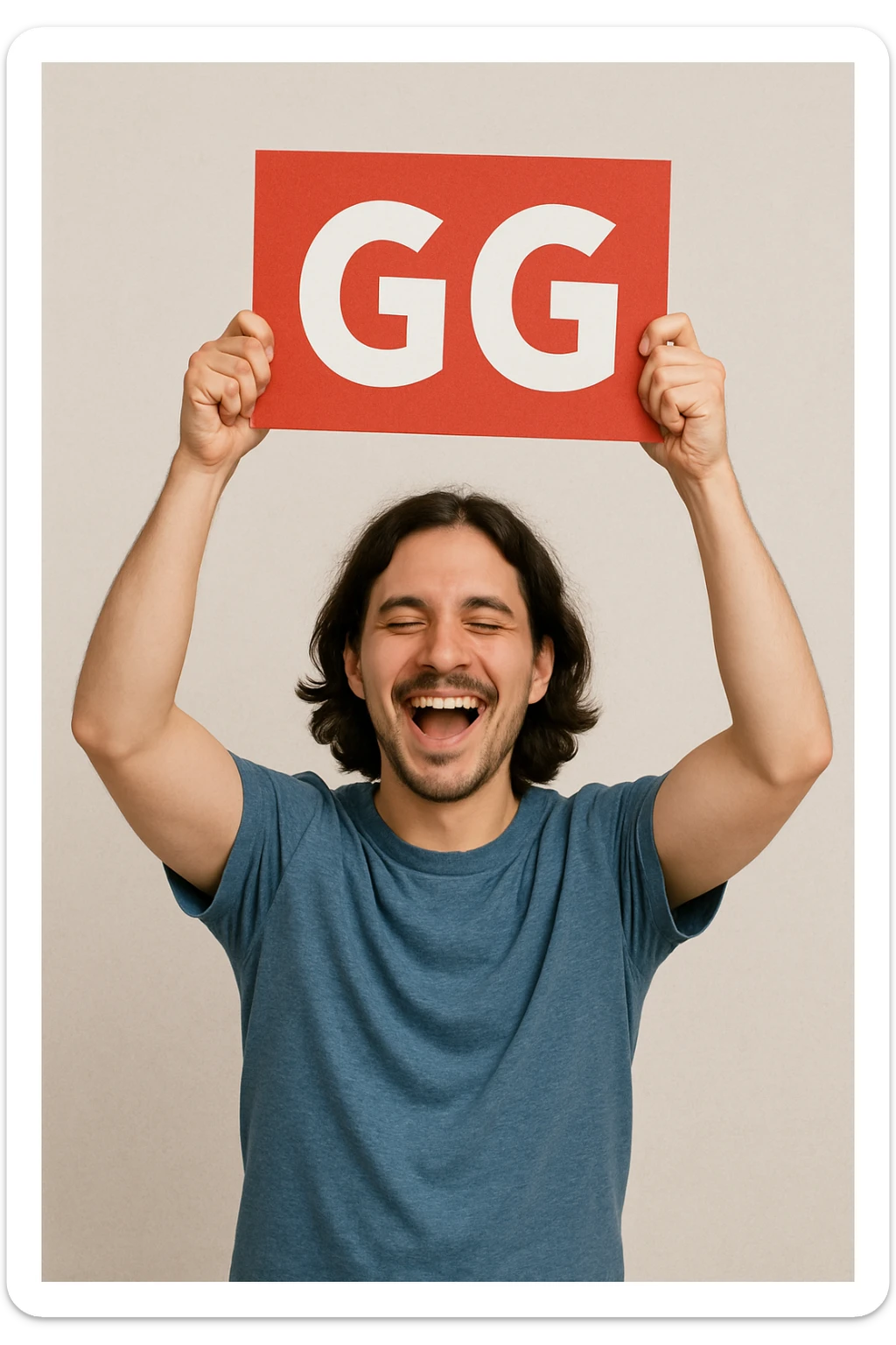 The person in the image is holding the GG sign above their head as if celebrating, the person remains the same. sticker