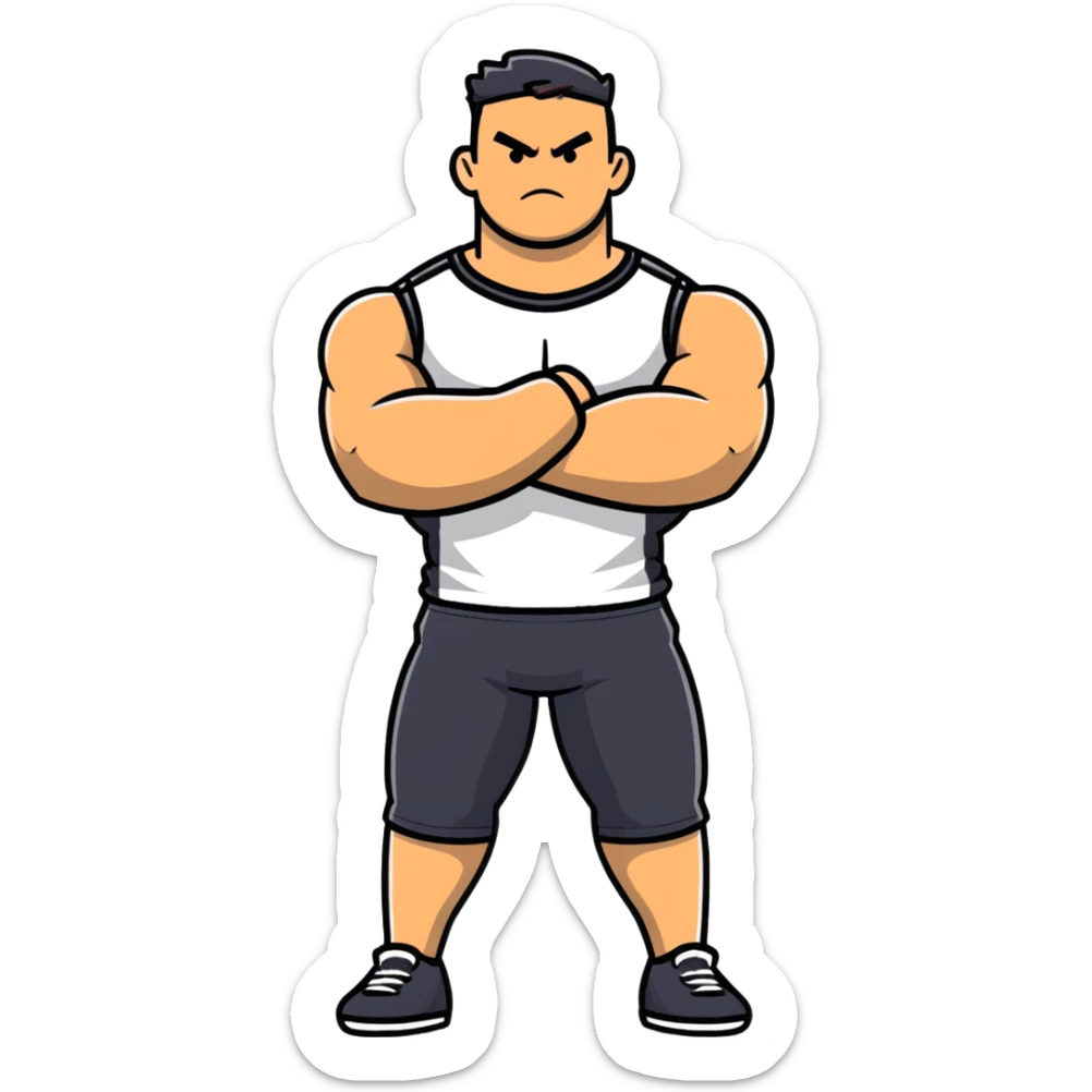 full body bulky male figure standing with arms crossed, muscular build, wearing athletic clothes, serious expression sticker