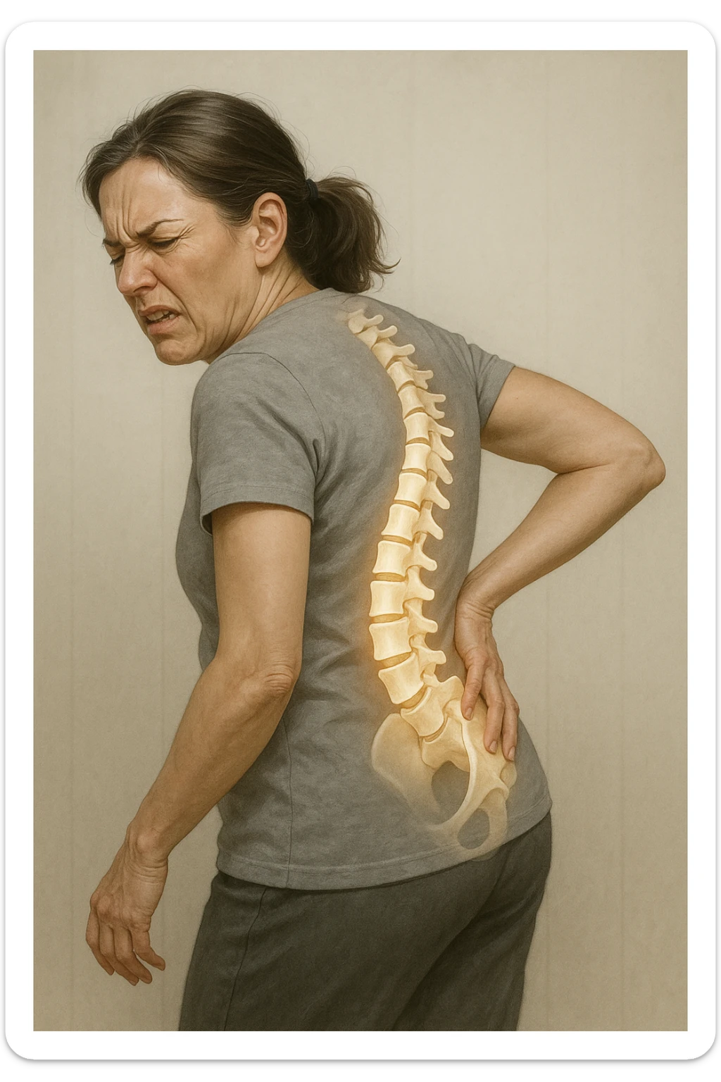 Donna con scoliosi dolorante perchè non ha mobilità a causa di essa sticker