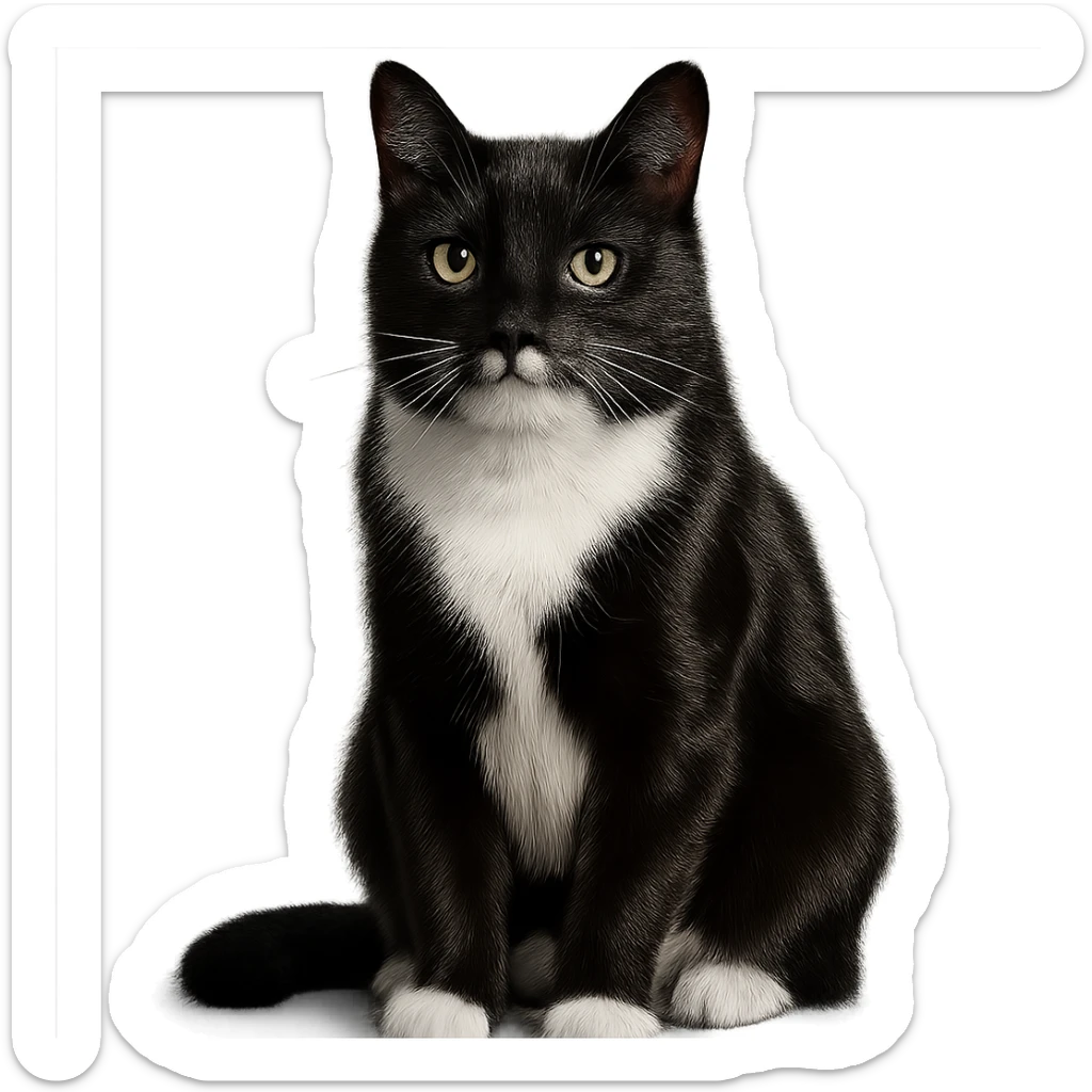 realistic tuxedo cat sitting, glossy fur, white chest, photorealistic sticker