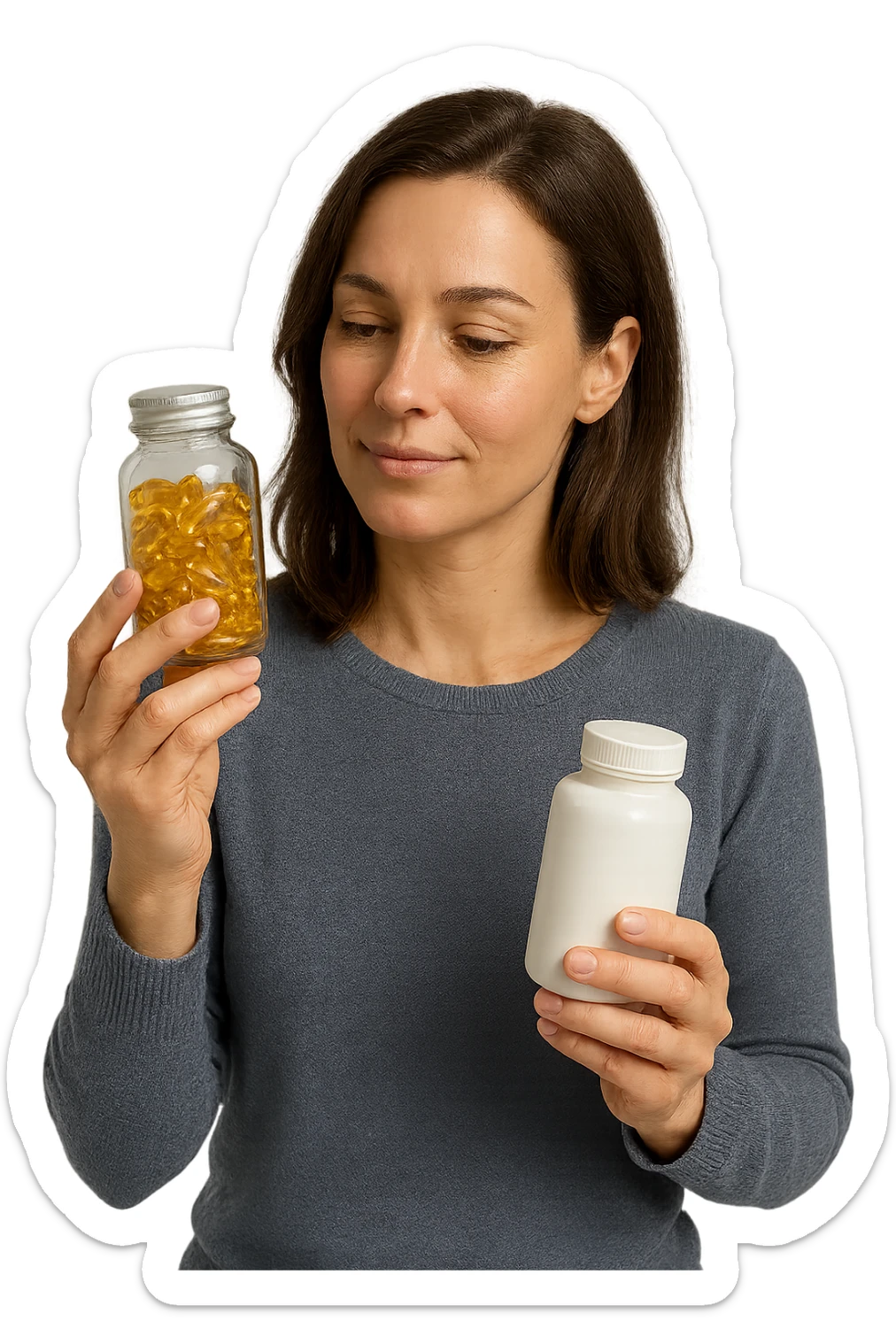 Donna che sta scegliendo integrazione per il suo benessere in italiano sticker