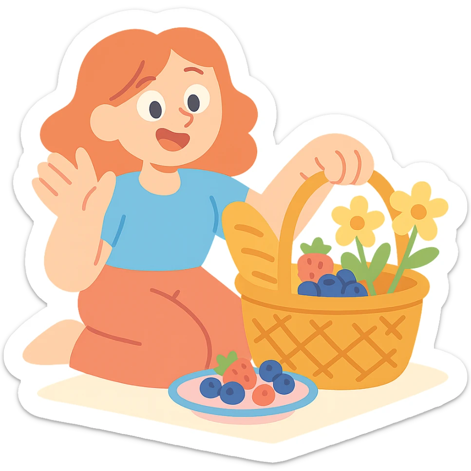 picnic basket with berries, bread, and flowers in warm pastel shades, pastel-toon style sticker