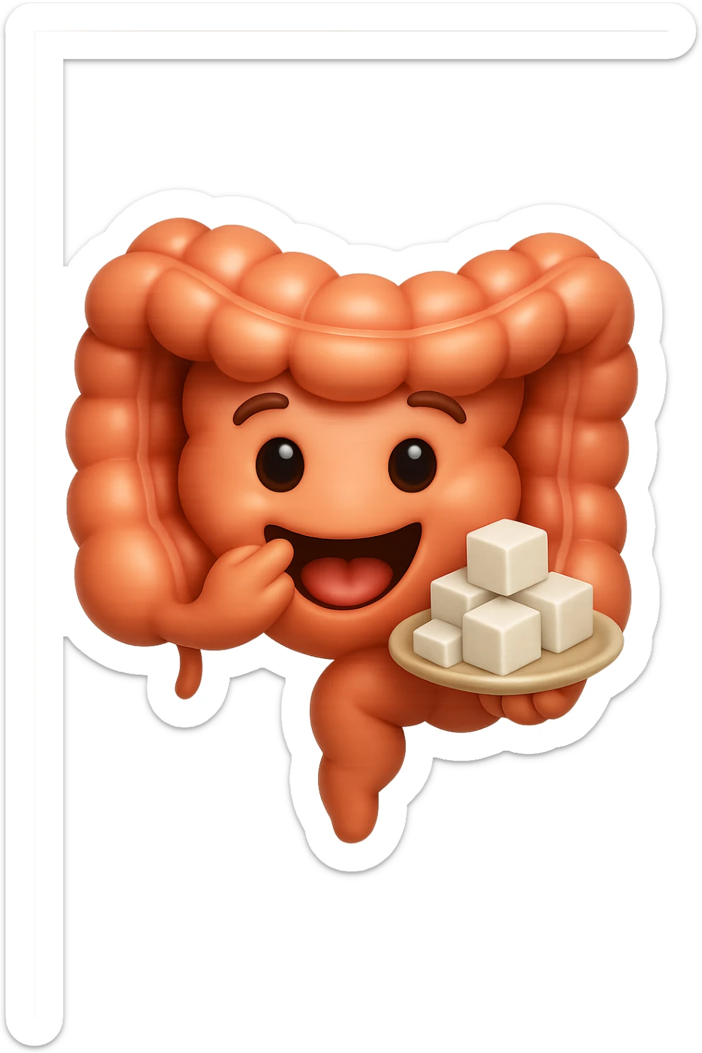 emoji stile iphone di un intestino anatomico che mangia zollette di zucchero, iperrealistico 4k, isolato su sfondo bianco sticker
