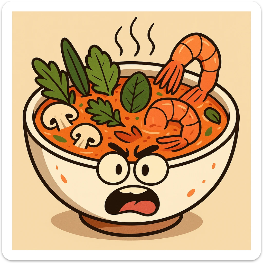 tom yum soup, cartoon style, bowl with herbs, shrimp, and mushrooms, spicy and aromatic, playful look sticker