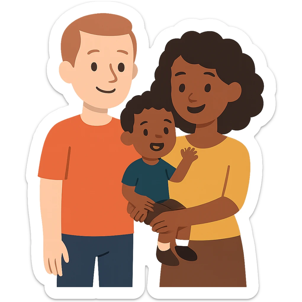 flat toon style family with white dad, black mom, and black child, no background sticker