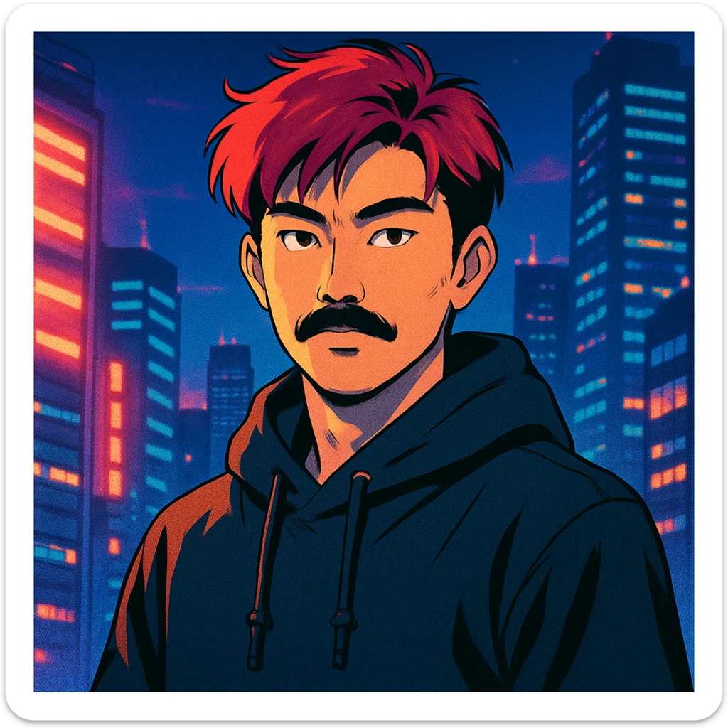 Asian man with black mustache, red hair, black hoodie, in retro-futuristic 80's anime style, city lights background sticker