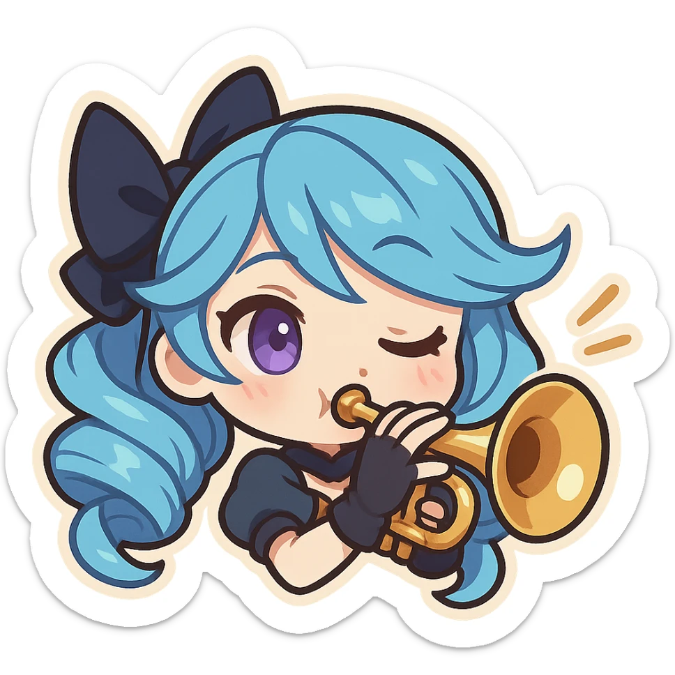 chibi style emote of Gwen from League of Legends, just the head, right eye purple, playing a trumpet sticker