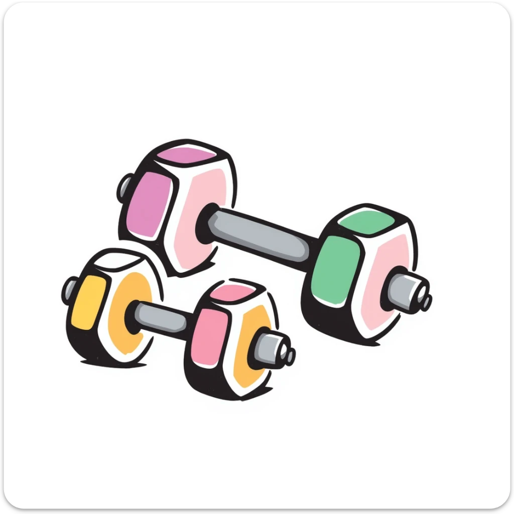 A set of fitness dumbbells with hexagonal ends in pastel colors (dd9fb0, ffc6d3, a3bfc9, c4bee2, f1b091), hand-drawn doodle style sticker