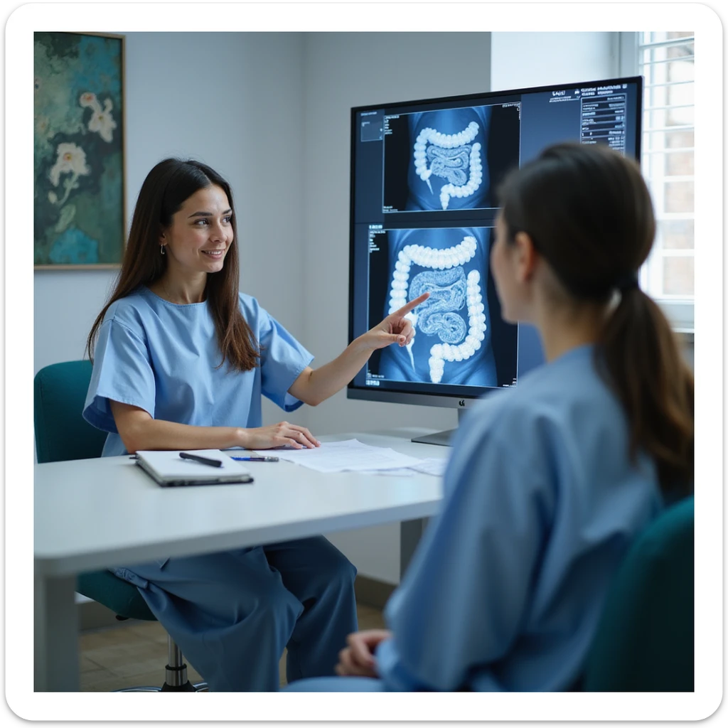 Hyperrealistic 4K image of a woman in a clinic gown during a colonoscopy consultation, pointing to a map of abdominal inflammation, while a doctor shows her endoscopic images of ulcerated intestines, medical office environment, clear details, professional atmosphere sticker
