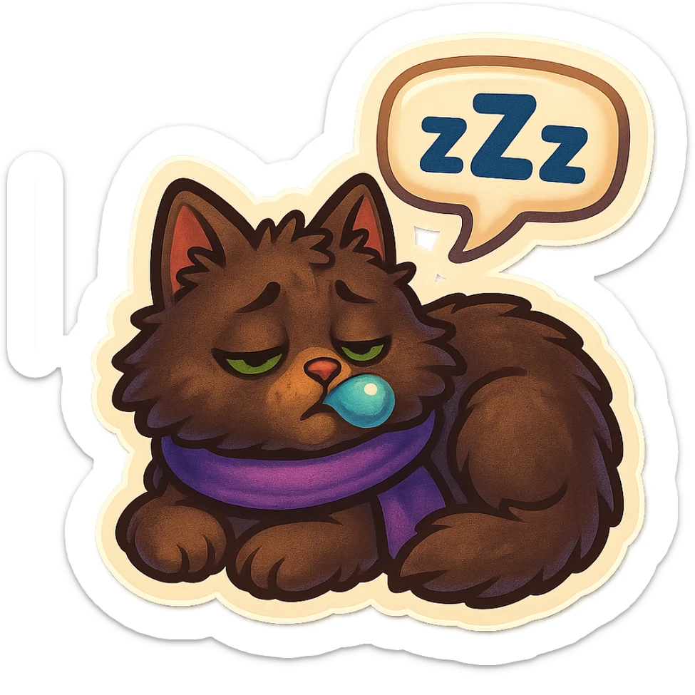 Fluffy cute sleepy dopey tired exhausted dark-brown cat with green eyes and a purple scarf saying ‘zZz’ with a snoring nose bubble (with a speech bubble) sticker