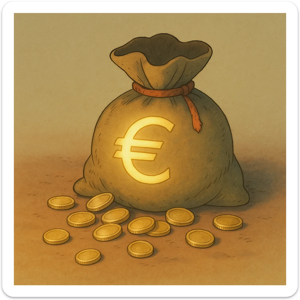 ghibli style money bag with euro symbol, slight glow, coins spilling out, simple background sticker