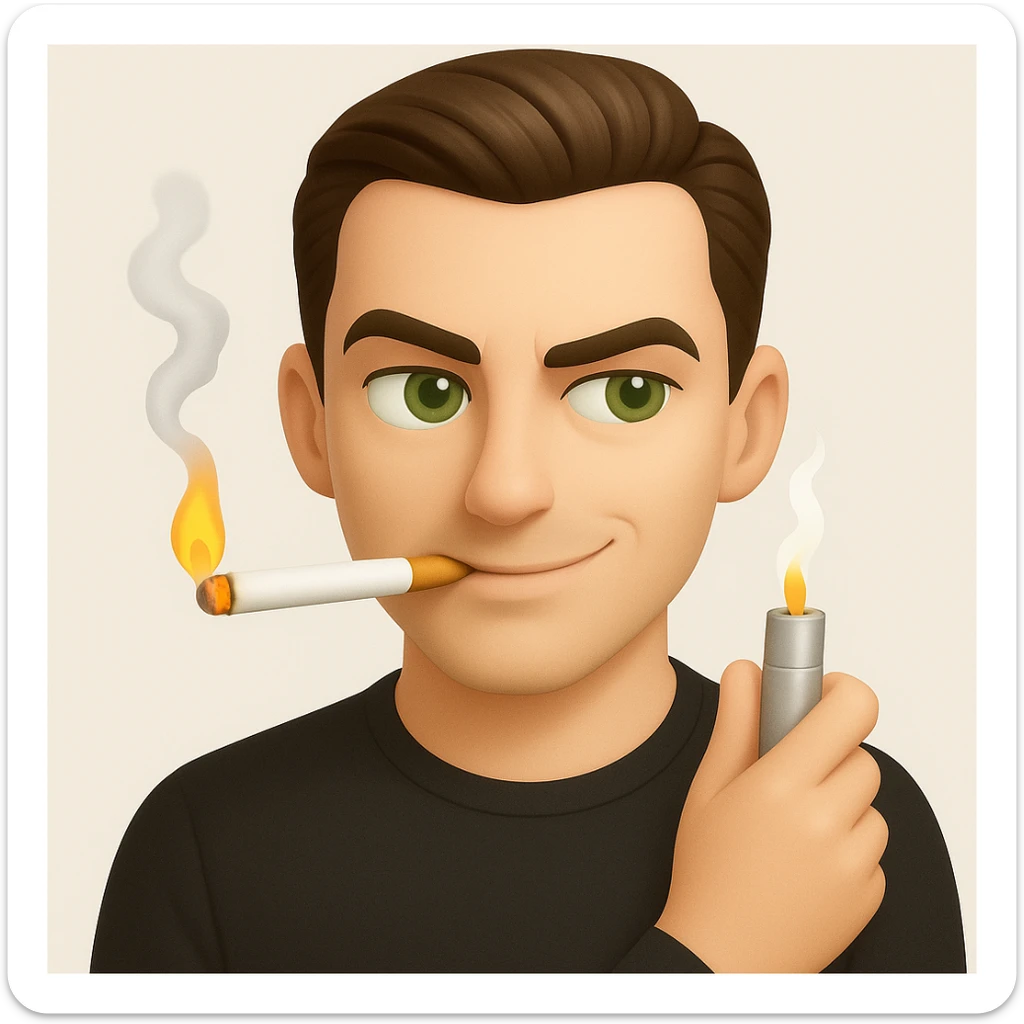 a guy with green eyes and slicked back brown hair stay with a lighter and a cigarette in his mouth with a sly expression on his face, emoji style, 3d emoji style sticker