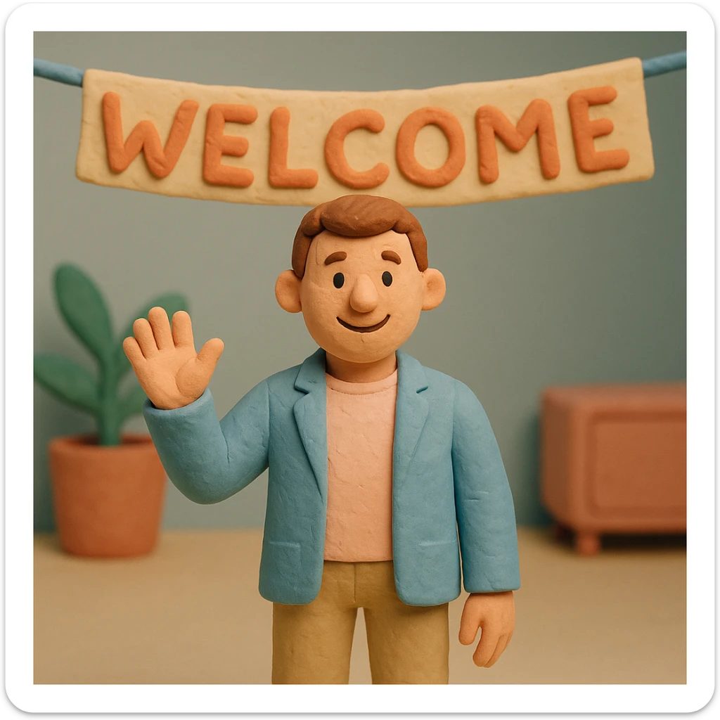 human character, center-frame, casual smart clothing in pastel blues, pinks, and neutrals, warm smile, one hand raised in a wave, stylized 'Welcome' banner behind, isometric perspective, soft diffuse studio lighting, subtle shadows, light depth of field, smooth rounded shapes, realistic skin texture, clean polished surfaces, modern minimalistic setting sticker