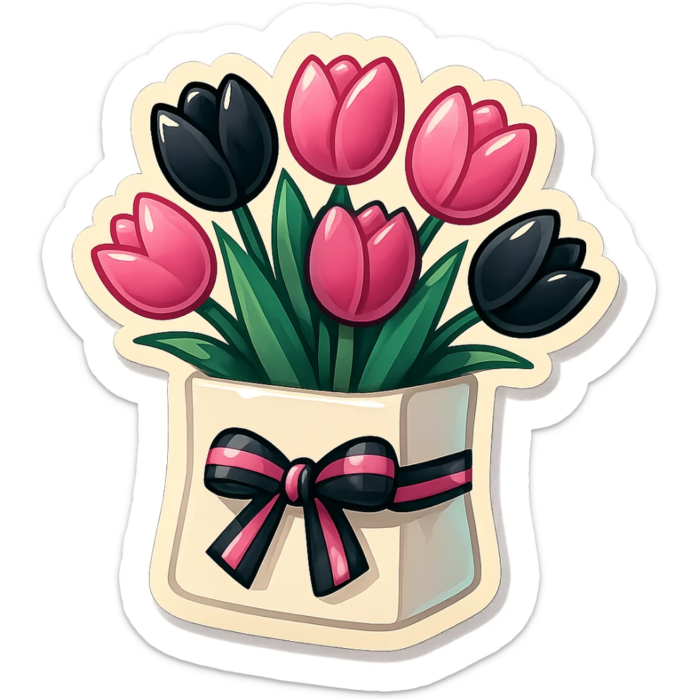 black and pink tulips bouquet in a white paper bag, tied with a black and pink striped ribbon, retro stickers style, colorful, bold, and playful sticker