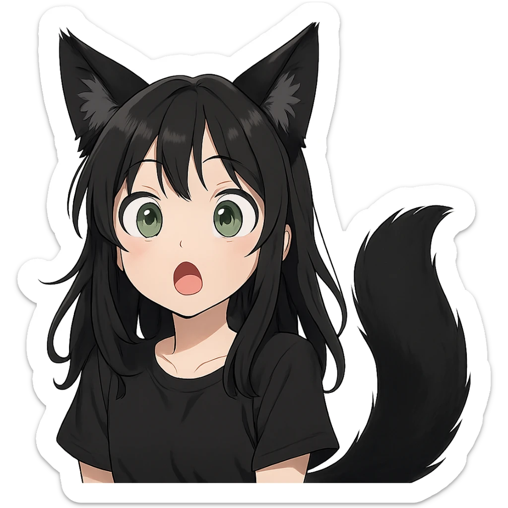 a surprised girl with huge green eyes, black fox ears, and a tail, dark hair sticker