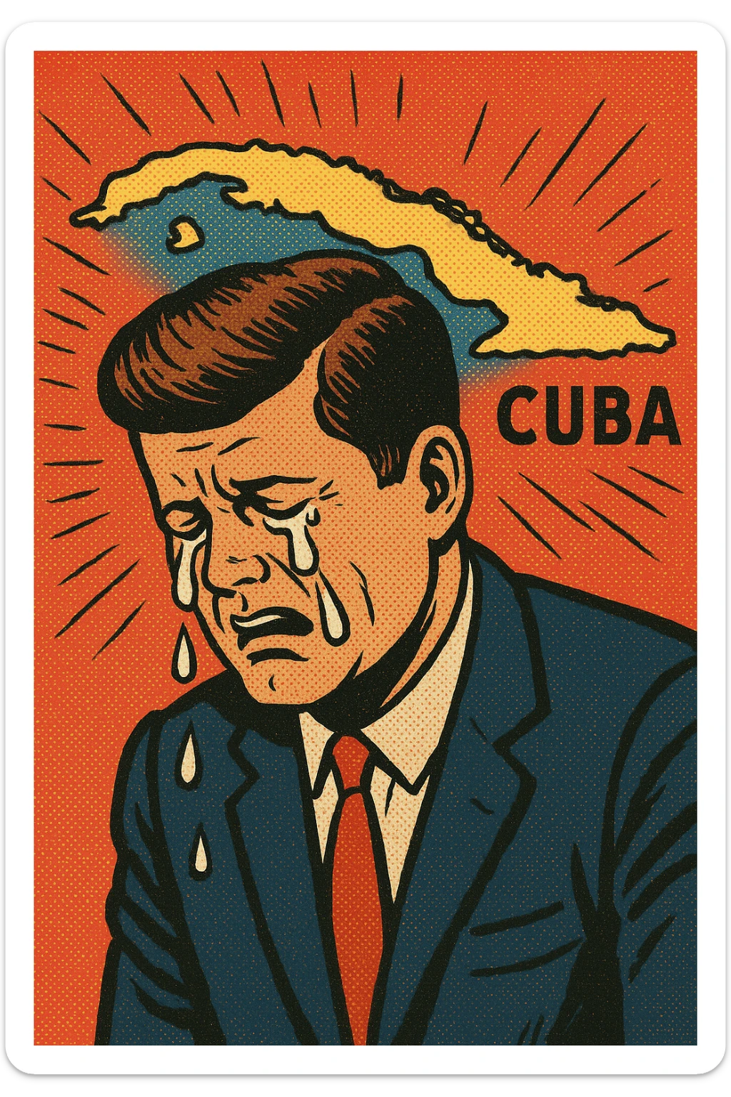 A very sad President Kennedy crying with a map of Cuba behind him sticker