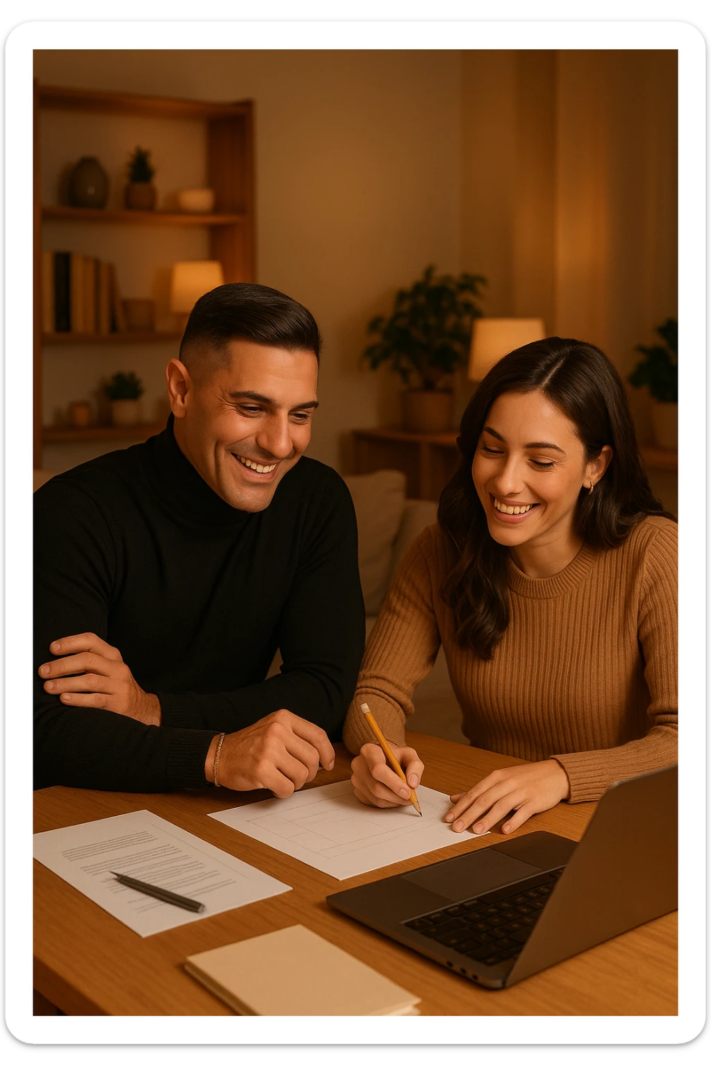 a man and woman work together on a project at home, with the man offering guidance and the woman actively participating and contributing ideas. Their expressions show teamwork and satisfaction, highlighting the benefits of collaboration and shared leadership. The setting is warm and inviting. sticker