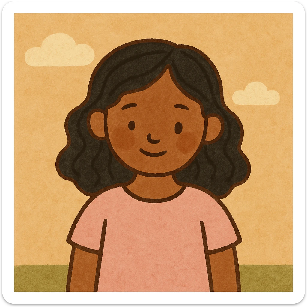 brown girl with black wavy hair, wearing a cute light pink shirt, modern friendly illustration style sticker