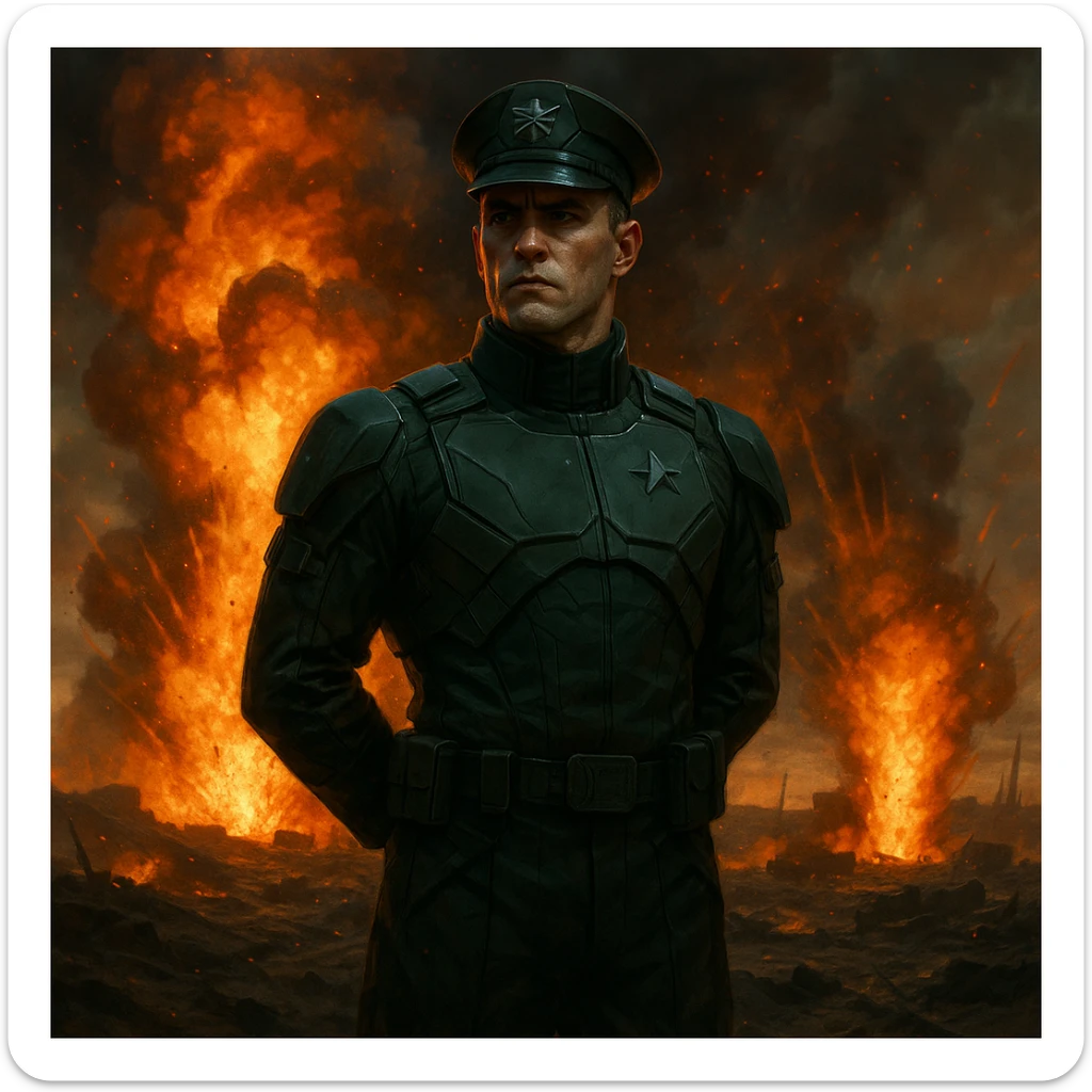 A man in futuristic dark green military uniform, hands behind his back, facing forward. Explosions and fire in the background, warzone setting. sticker