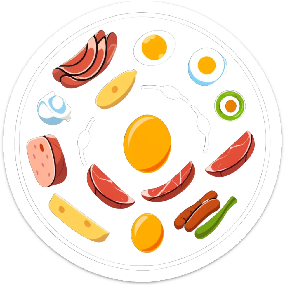 Close-up of glowing muscle fibers only, semi-transparent and pulsating with energy. Protein food icons (meat, egg, beans, tofu, yogurt) orbit around the muscle fibers in a warm energetic circle. sticker