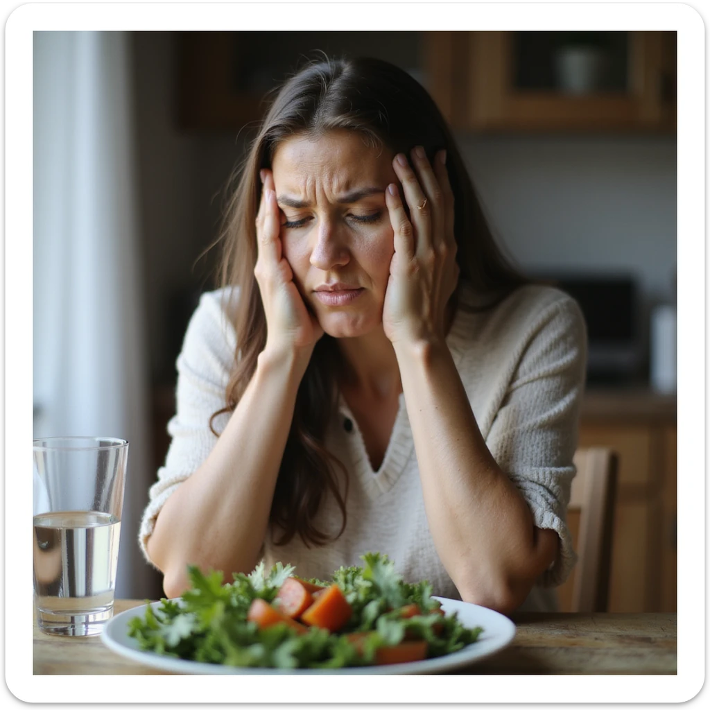 adult woman, photorealistic, failed diet, distressed expression, sitting in front of diet menu, glass of water and vegetables, natural light, restaurant background sticker