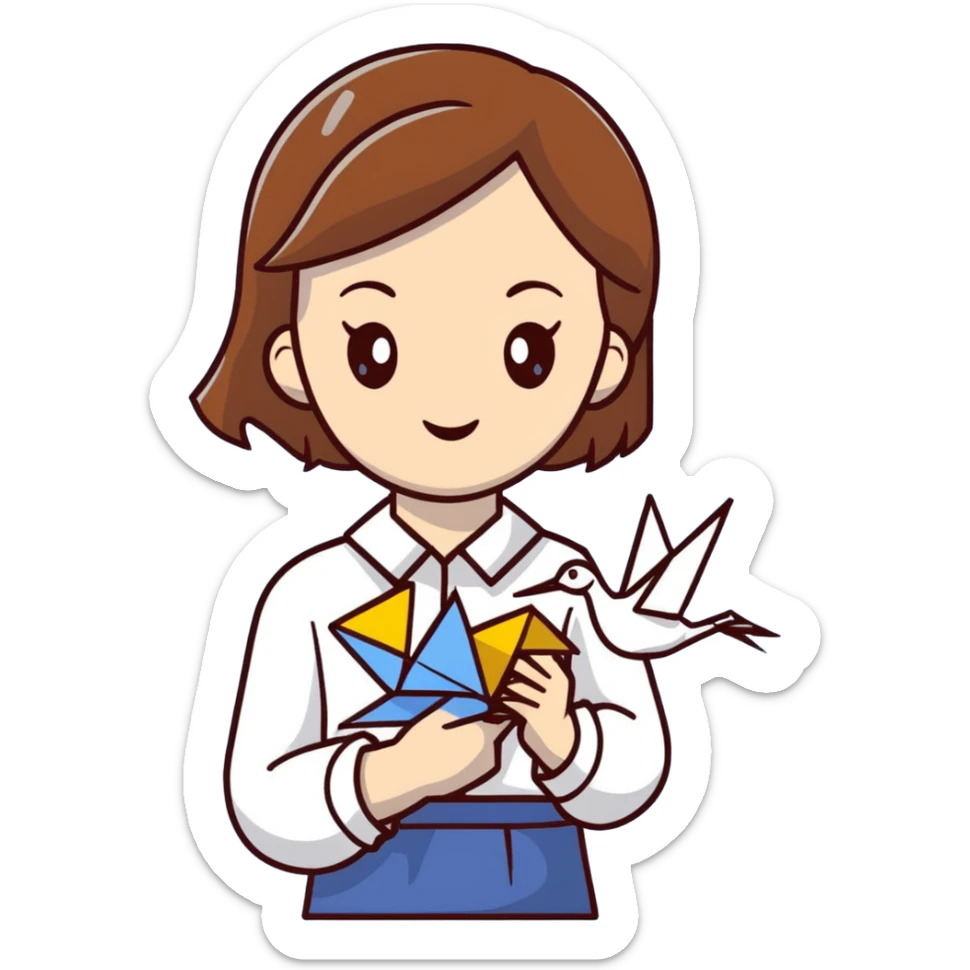 Ukrainian young girl with brown hair wearing a white embroidered shirt holds an origami yellow-blue crane sticker