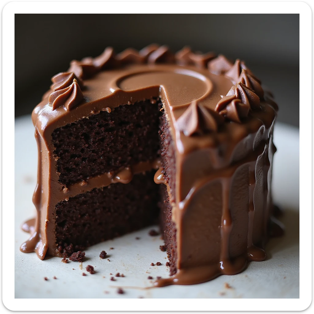 a realistic double fudge chocolate cake, rich chocolate layers, glossy fudge icing, photorealistic style, no background sticker
