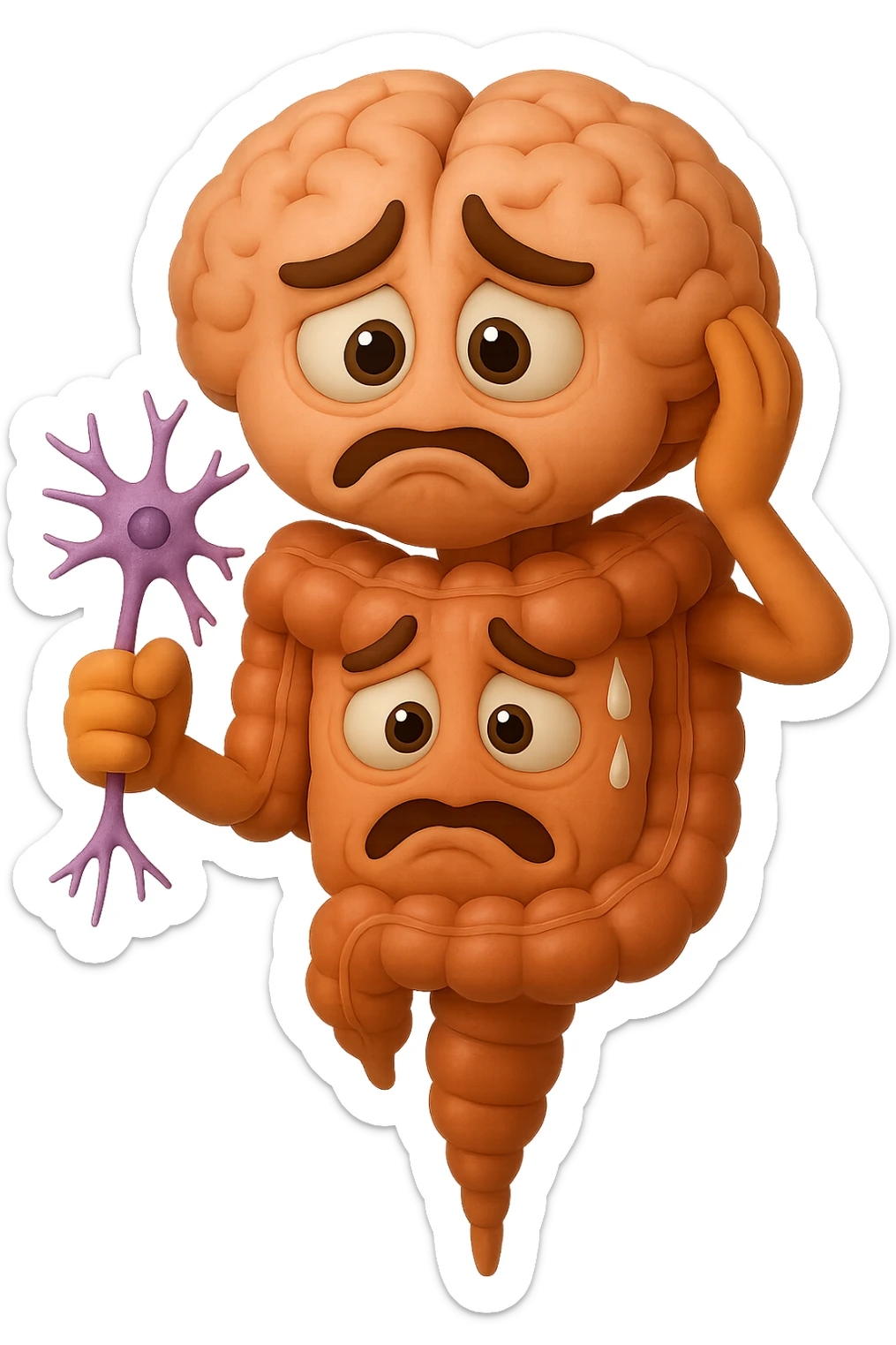 EMOJI STILE IPHONE DI UN INTESTINO collegato verticalmente ad un cervello mentre tiene in mano un neurone, espressione stressata, IPERREALISTICO 4K sticker
