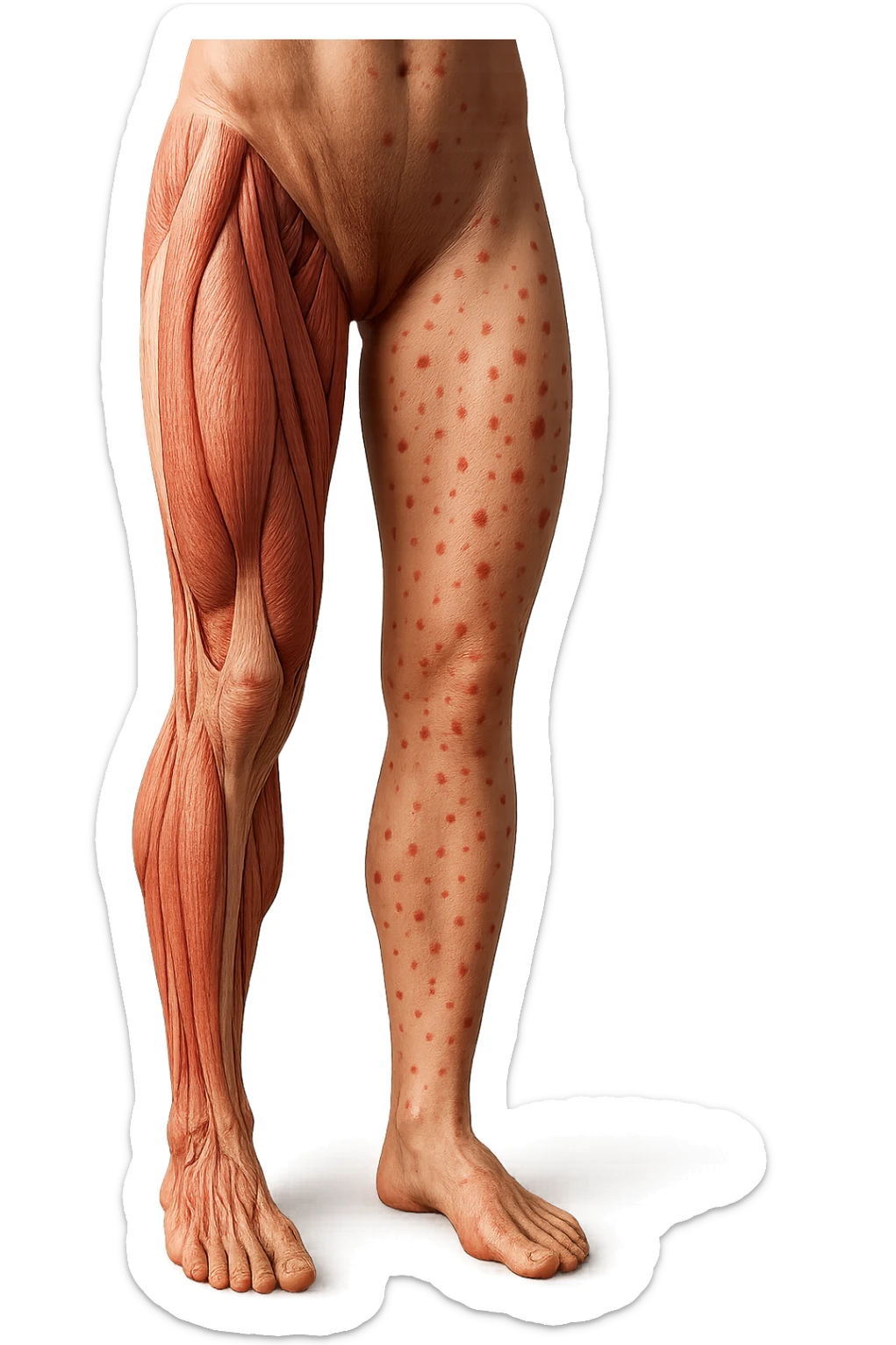 corpo umano anatomico con red spot sparsi sulle gambe, iperrealistica in 3d sticker