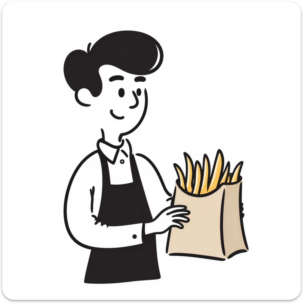 man putting fries in a brown paper bag, hand drawn doodle style sticker