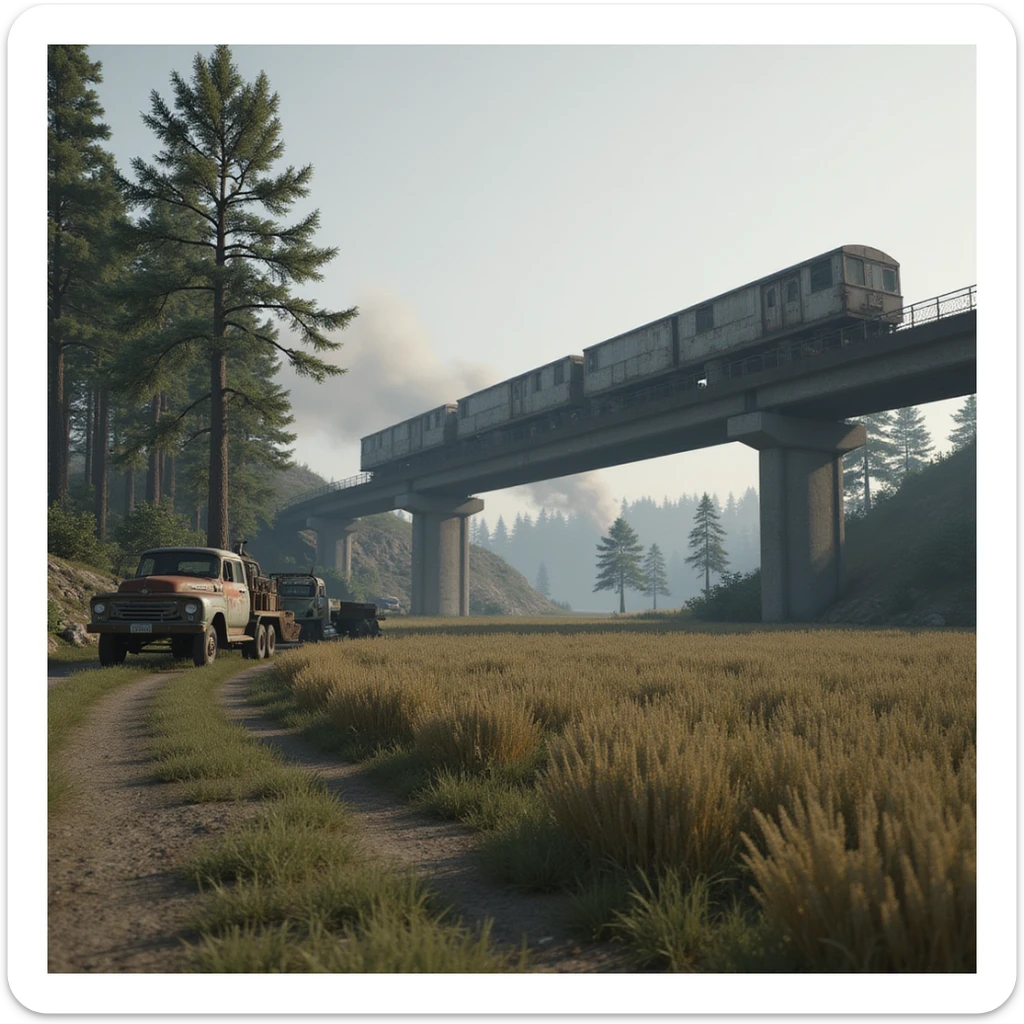  a screenshot of a location in a videogame  the image of the scene consists of:  [above-ground train freeway partially collapsed], a wooded area, a small field of wheat. distant smoke. tall concrete walls, derelict vintage work trucks, more distant smoke. polluted and war-torn sticker